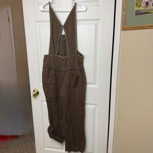 Free People Brown Linen Blend Relaxed Fit Wide Leg Cropped Overall Jumpsuit Sz 6